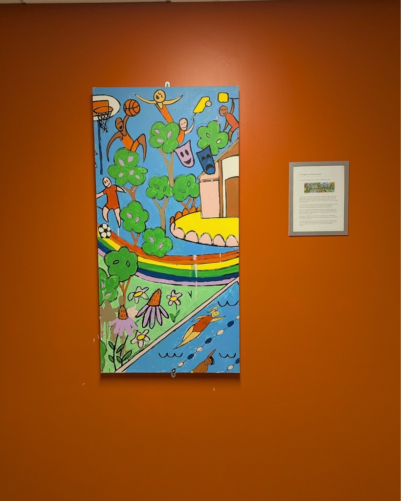 A piece of the Orange Community Art Mural that was painted at Art Fest. It is a colorful picture of participants playing basketball, swimming in a pool, singing, and trees in the background