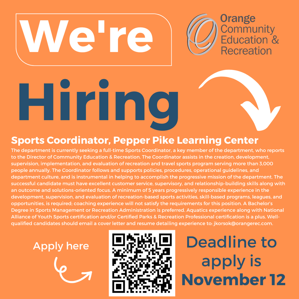 An orange, white, and navy blue image that says "We're hiring Sports Coordinator, Pepper Pike Learning Center" with the job description 