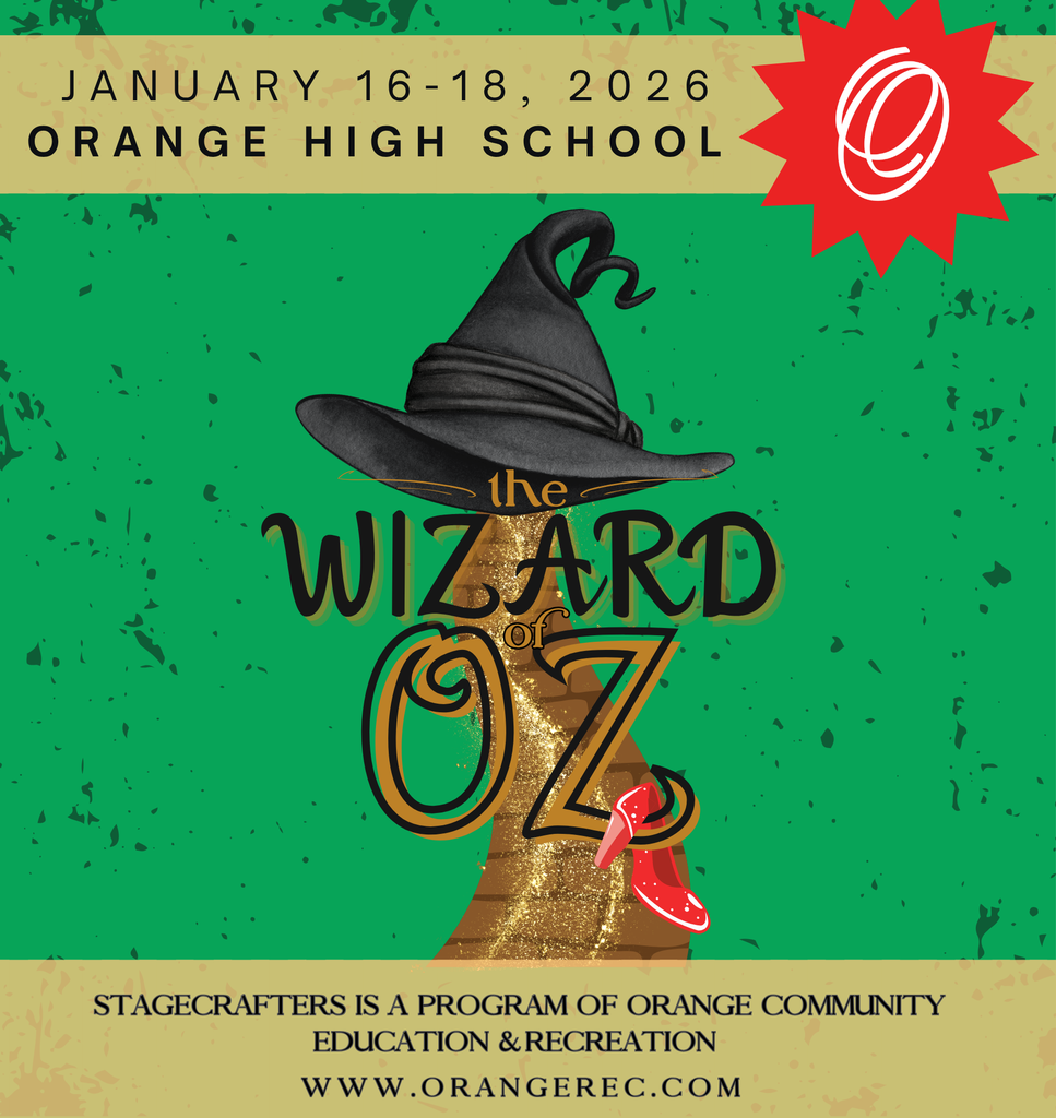 A green background with a black hat and a yellow brick road and a ruby red slipper with the words "The Wizard of OZ"