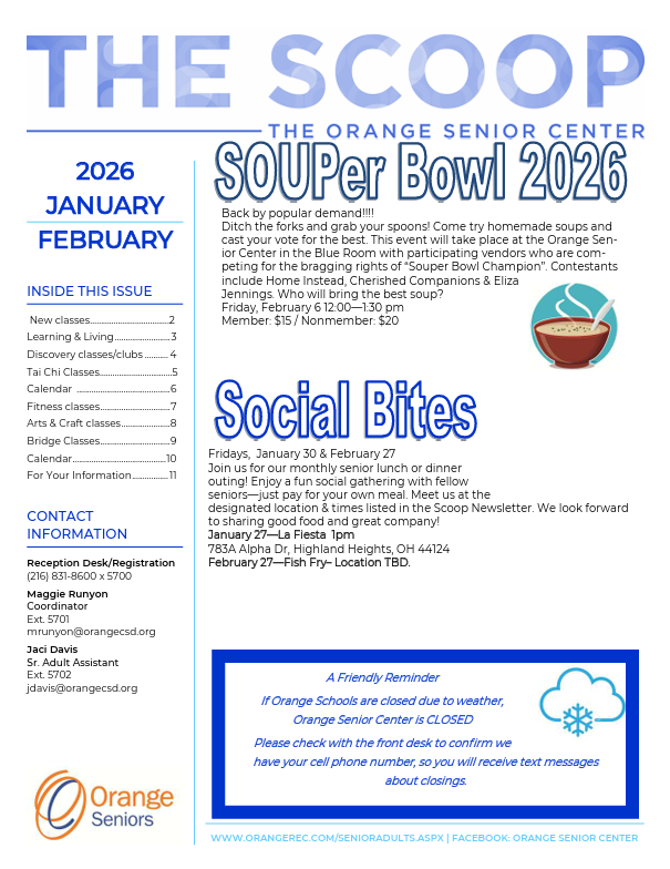 The cover of the Senior Center SCOOP newsletter for January-February
