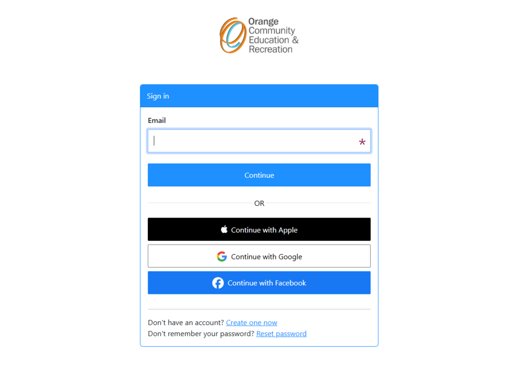 A blue and white login page with the OCER logo on top 