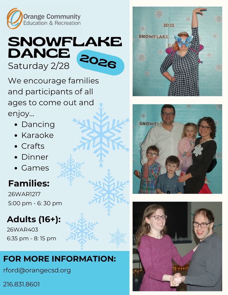 Flyer for the Snowflake Dance with details about the date, time, and activities