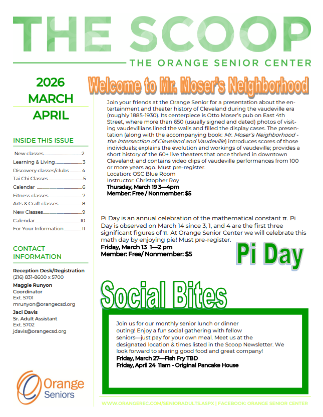 The front cover of the Senior Center March-April newsletter, the SCOOP