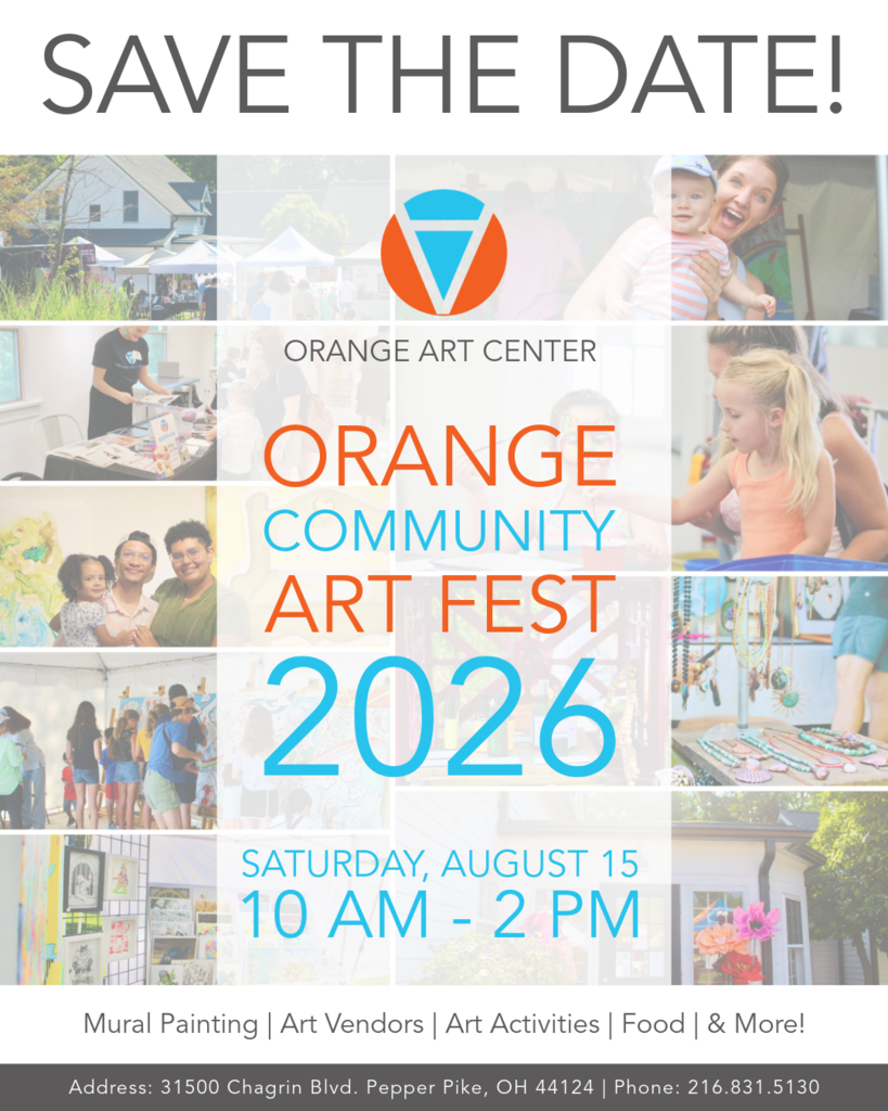 A colorful image with the words "Orange Art Center Orange Community Art Fest 2026 Saturday August 15 10am-2pm" with pictures of the event from last year