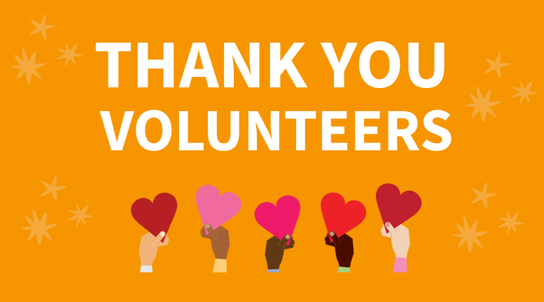 An orange background with the words "Thank you Volunteers" and stars and hands holding hearts