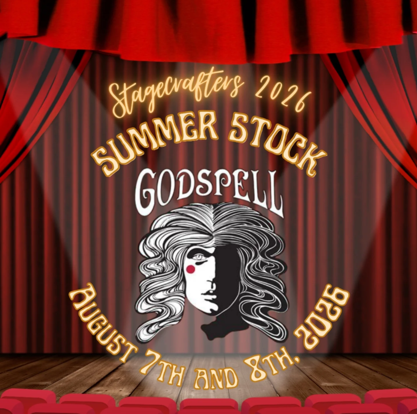 A background of a red curtain on a stage with a graphic "Stagecrafters 2026 Summer Stock Godspell August 7 and 7, 2026"