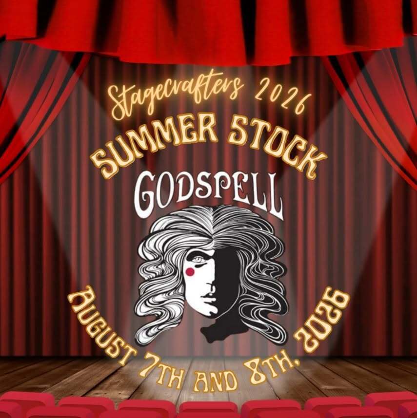 Graphic with a red curtain on a stage with the text "Stagecrafters 2026 Summer Stock Godspell August 7 and 8, 2026"