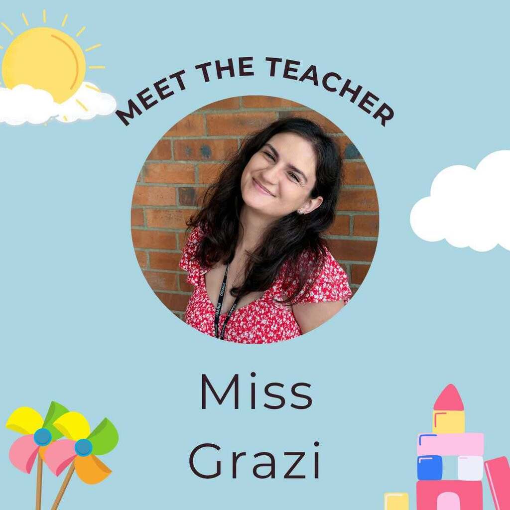 Image with a blue background and a picture of Miss Grazi, smiling and looking at the camera