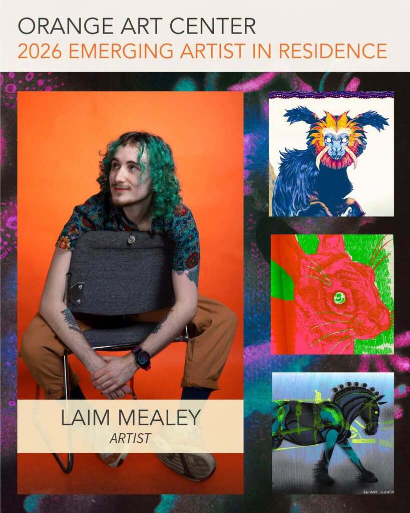 An image with the Orange Art Center's Artist in Residence Liam Mealey and three of his paintings