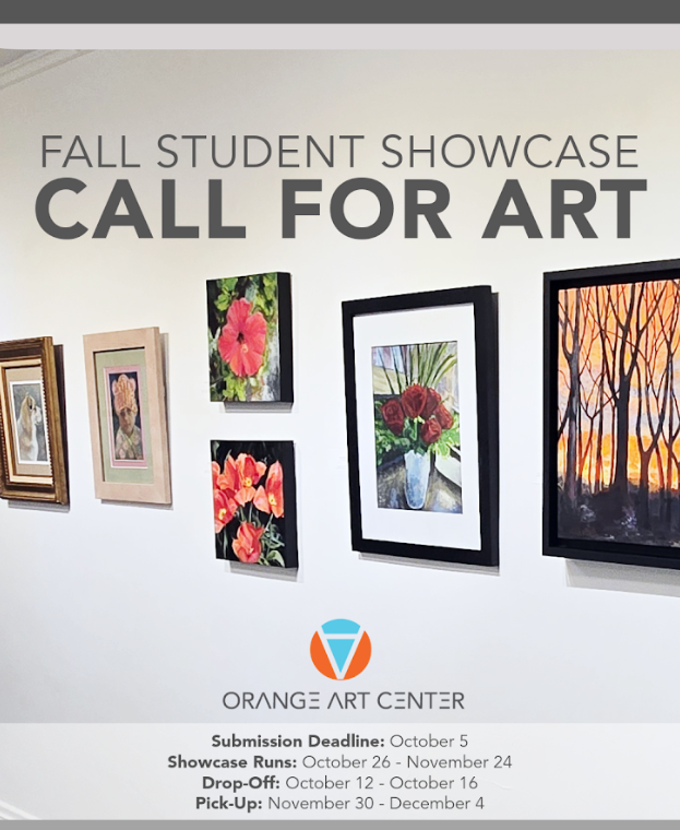 Flyer for the Fall Student Showcase Call for Art with an image of the Orange Art Center wall with artwork