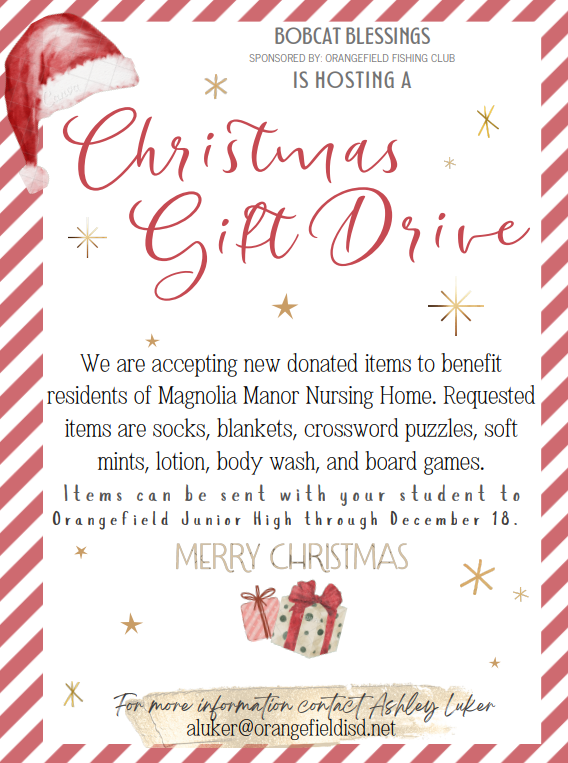 Flyer about the christmas gift drive to benefit residents of Magnolia Manor nursing home, hosted by Bobcat Blessings.