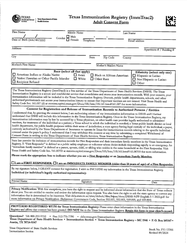 English version of the immunization form.