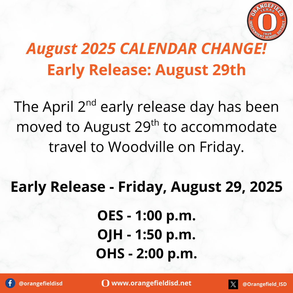 The April 2nd early release day has been moved to August 29th to accommodate travel to Woodville on Friday.