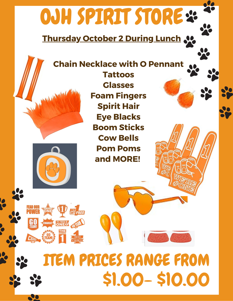 A flyer for the OJH spirit store on Thursday, October 2nd during lunches. Prices range from $1 - $10