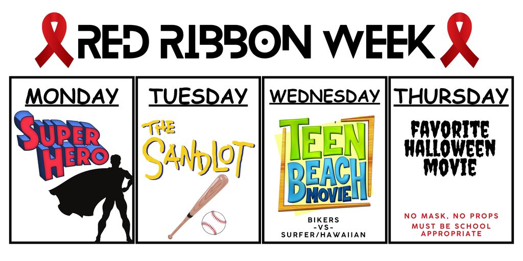 image has image to represent each red ribbon week dress up day