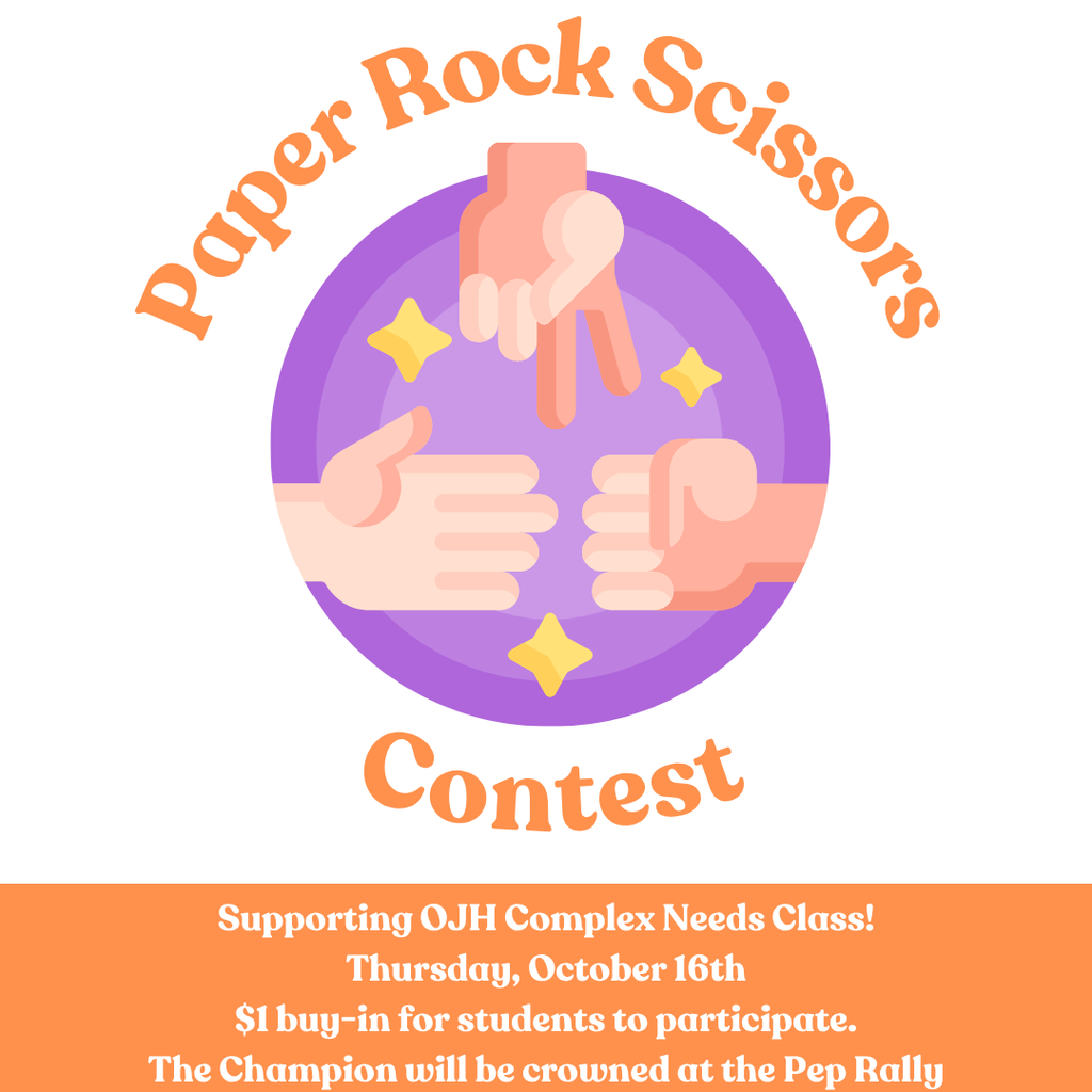 a flyer for the paper rock scissors contest to benefit the complex needs class.