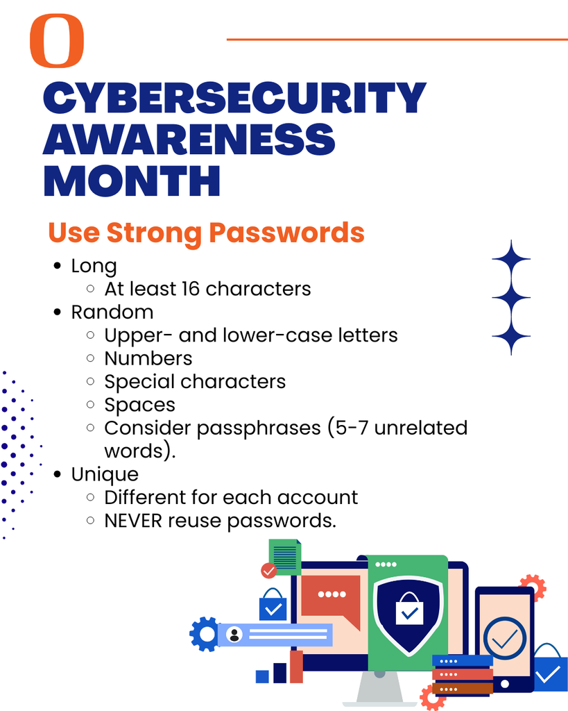 Cybersecurity Awareness Month - Use Strong Passwords - Long  At least 16 characters Random Upper- and lower-case letters Numbers Special characters  Spaces Consider passphrases (5-7 unrelated words). Unique Different for each account NEVER reuse passwords.