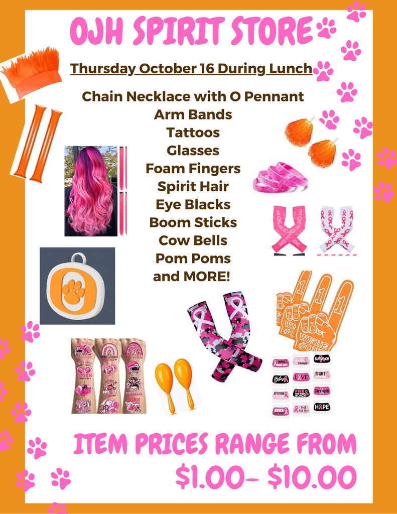 flyer for the OJH spirit store happening this Thursday during lunches.