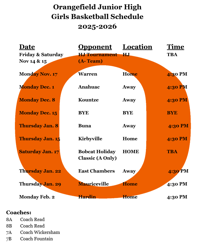 OJH Girls basketball schedule