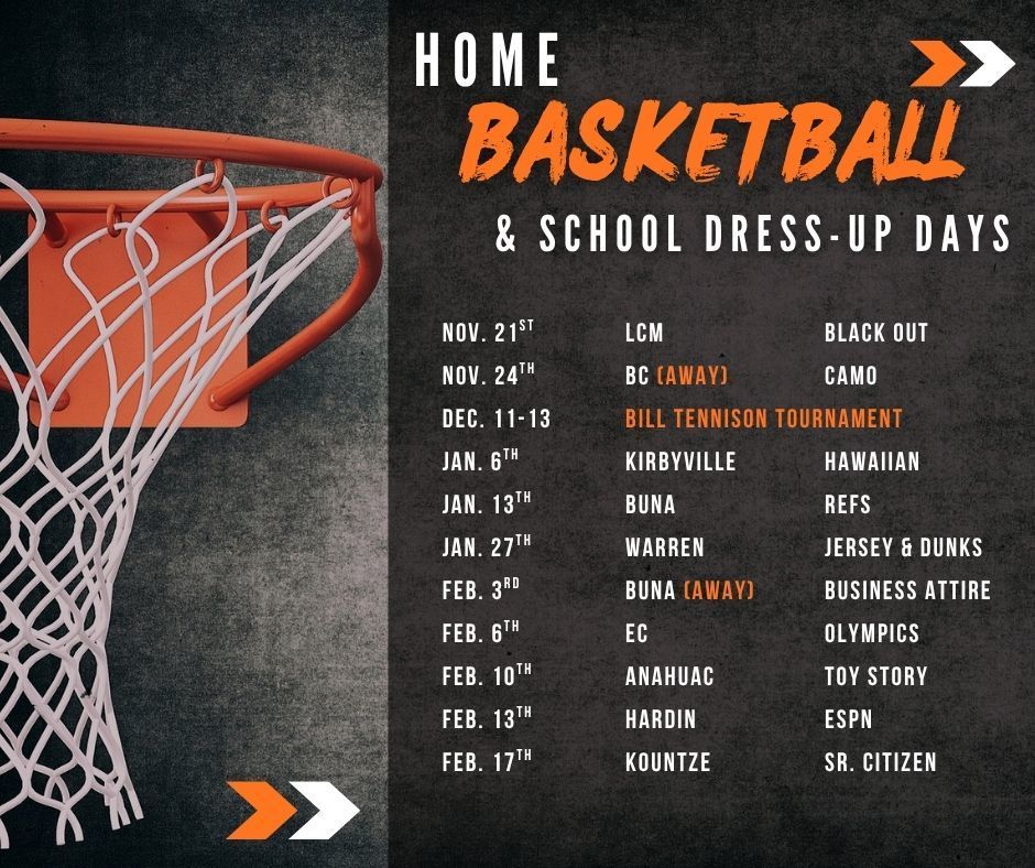 image of basketball hoop and list of dates and opponents