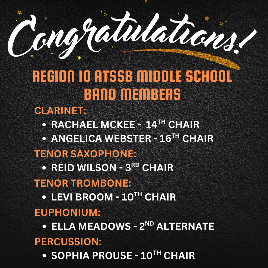 Students who received a seat in the Middle school all region band.