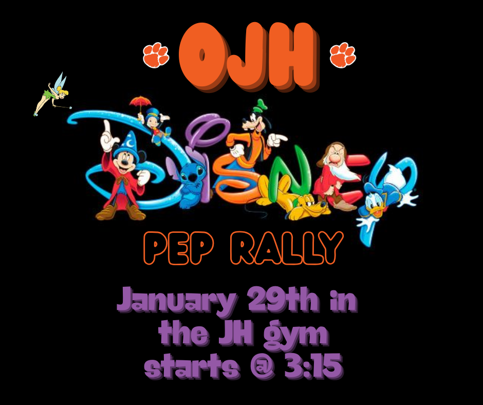 A flyer with information on OJH's spring pep rally. It has a Disney theme.