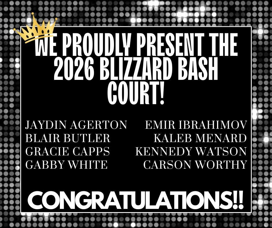 black and white announcement of 2026 blizzard bash court