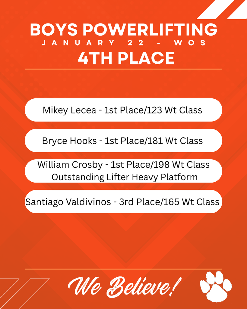 Boys Powerlifting 4th place WOS meet - Mikey Lecea - 1st Place/123 Wt Class , Bryce Hooks - 1st Place/181 Wt Class ,William Crosby - 1st Place/198 Wt Class  Outstanding Lifter Heavy Platform, Santiago Valdivinos - 3rd Place/165 Wt Class 