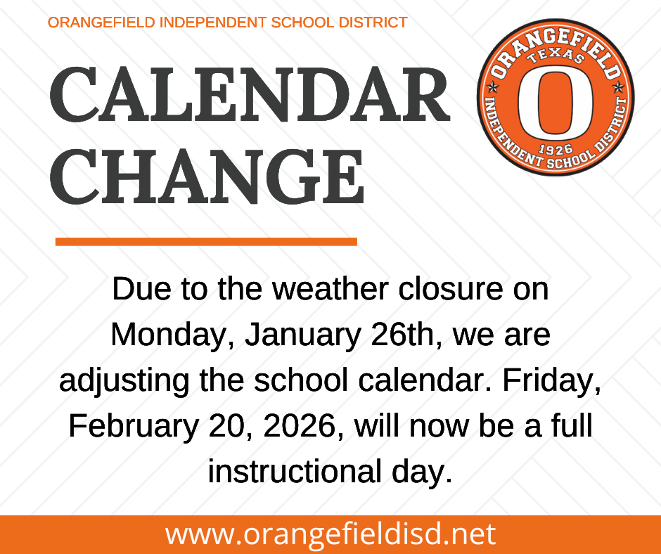 Due to the weather closure on Monday, January 26th, we are adjusting the school calendar. Friday, February 20, 2026, will now be a full instructional day.