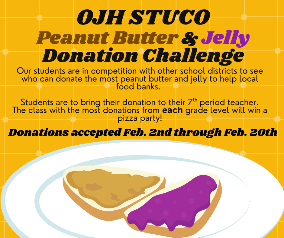 A graphic about the OJH STUCO peanut butter and jelly donation challenge. 
