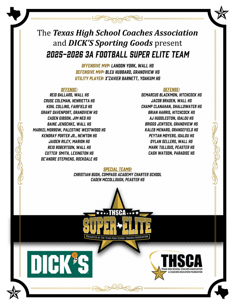 Document featuring the 2023-2026 3A Football Super Elite Team by the Texas High School Coaches Association. Names of players are listed.