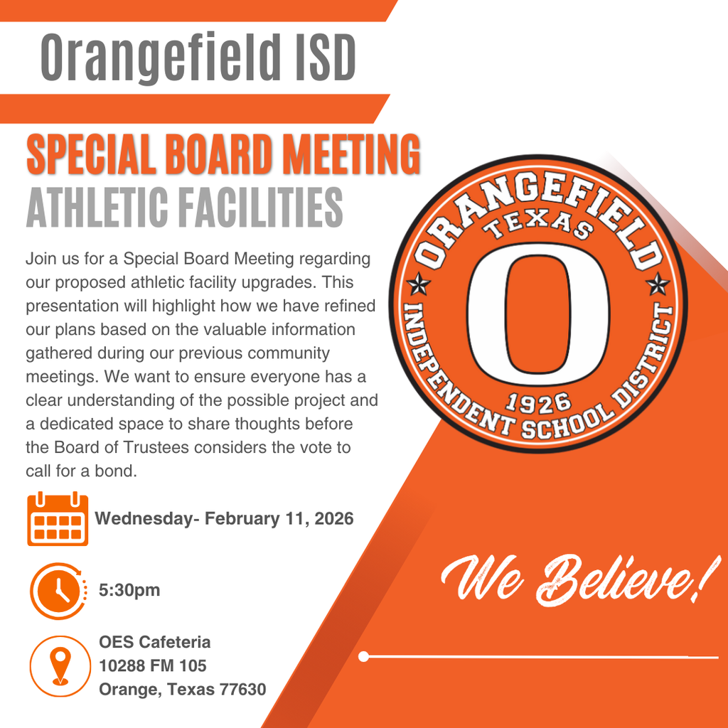 A flyer for a meeting about athletic facilities. Text reads "Special Board Meeting, Athletic Facilities". Date and time is February 11, 2026 at 5:30pm.