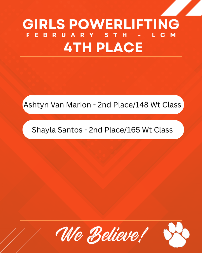 Red background with white text stating "GIRLS POWERLIFTING FEBRUARY 5TH - LCM 4TH PLACE" and two names with their rankings.