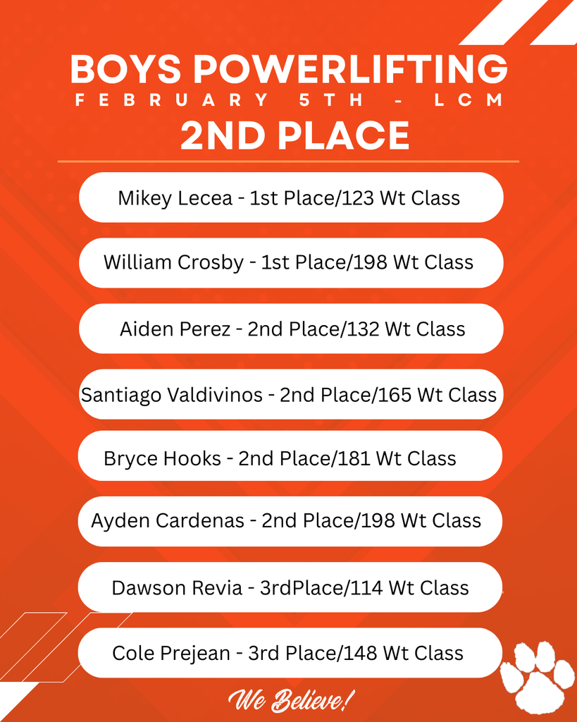 A red background displays names and results for a boys powerlifting event. Names are followed by results and weight classes.