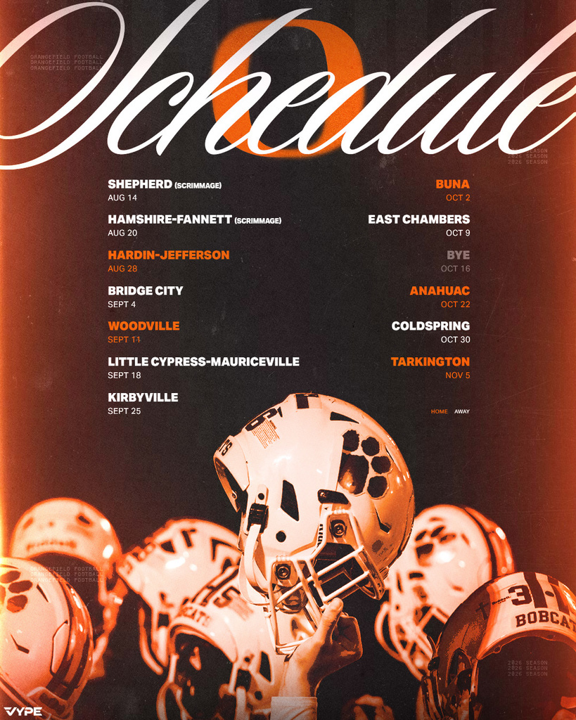 Cover with a sports team. Helmets in foreground. Schedule listed in white text on a dark background.