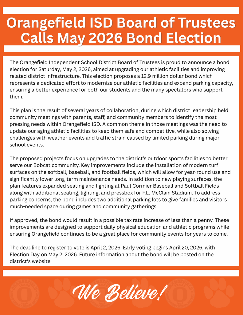 A document with a bold title "Orangefield ISD Board of Trustees Calls May 2026 Bond Election". It contains text in black font on a white background.