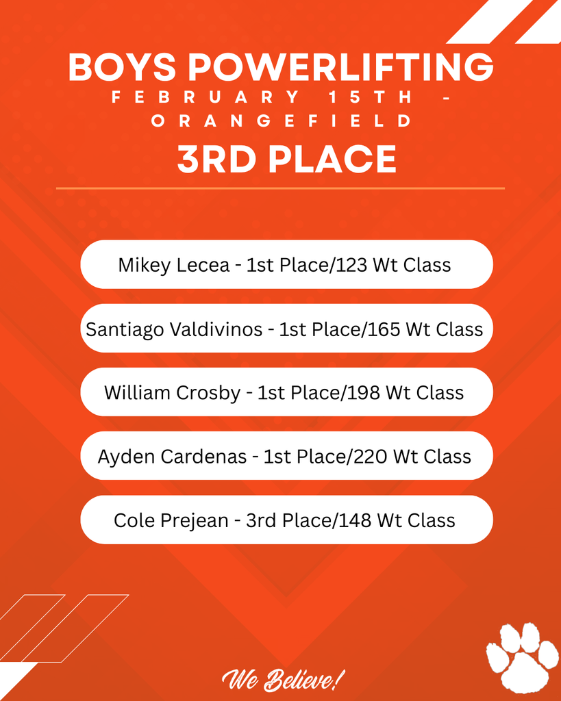 An orange background displays a powerlifting event's results. Names and achievements are listed: Mikey, Santiago, William, Ayden, and Cole.