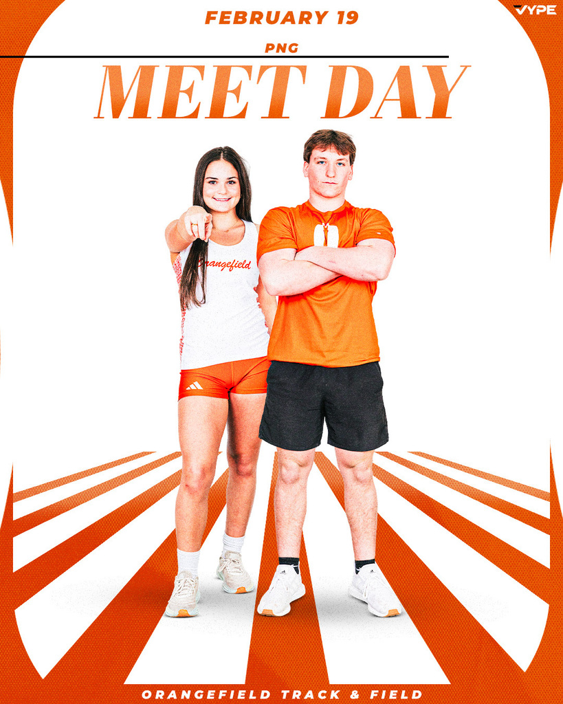 Two athletes stand side by side. A woman in white and orange. A man in orange. Background of stripes.