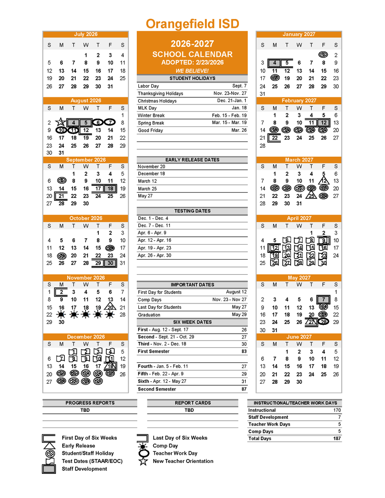 Orangefield ISD school calendar for 2022-2023 displayed with months, dates, and key information. Orange and white colors.