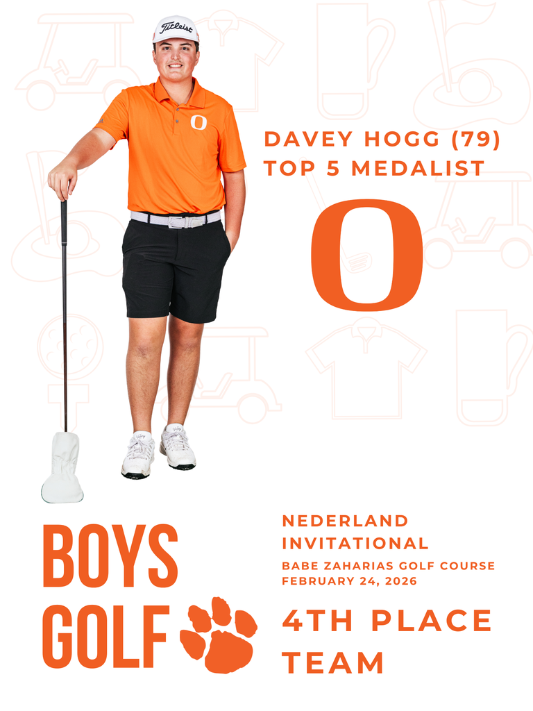 A golfer in an orange shirt holds a club. Text reads "Davey Hogg (79) Top 5 Medalist" and "4th Place Team".