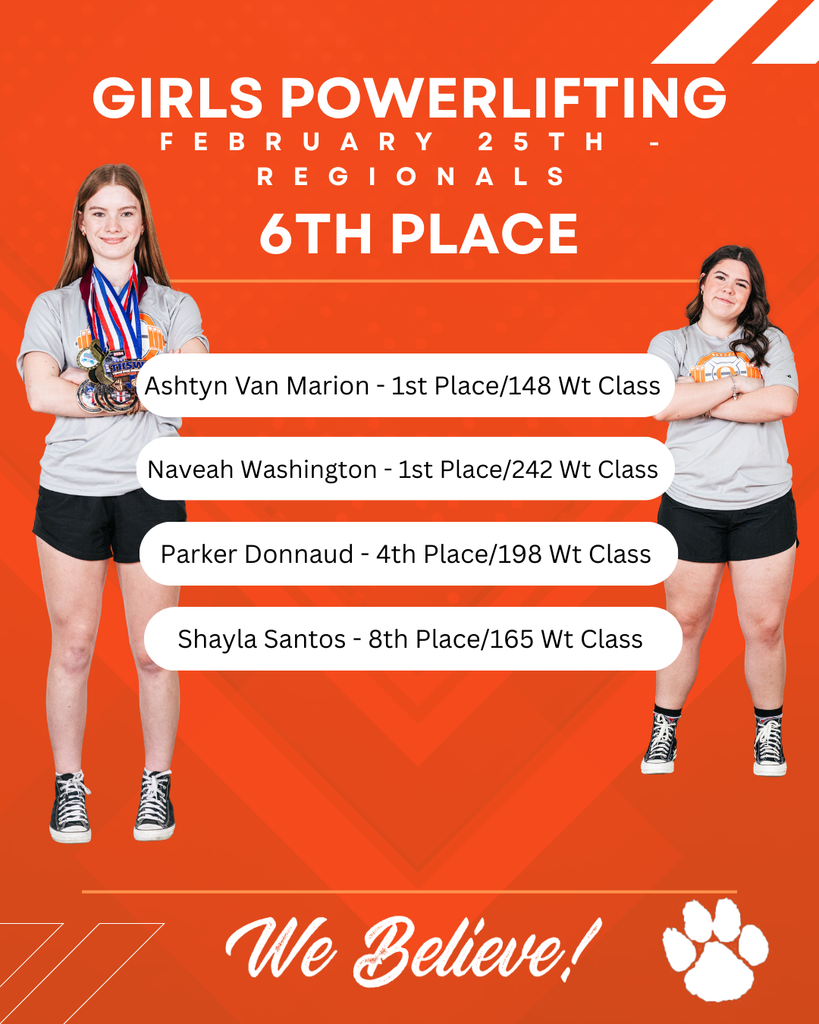 Red poster highlights athletes' achievements. Two women in gray shirts and black shorts. Text mentions February 25th regionals and placements.