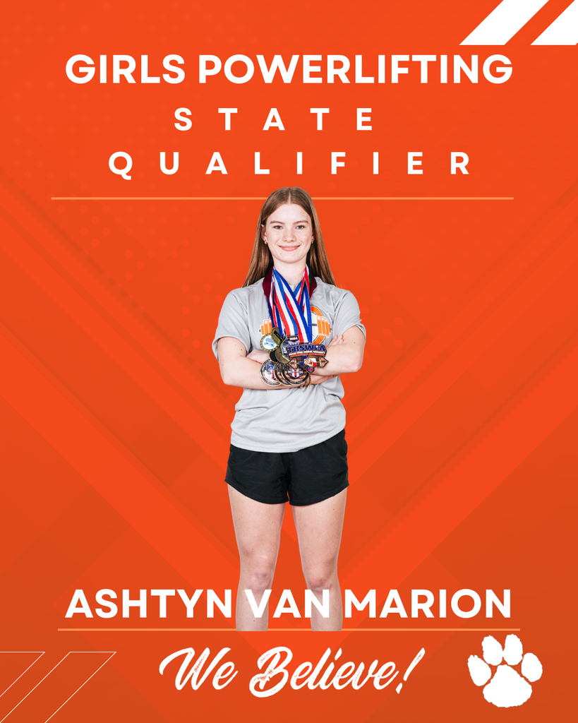 A girl stands on an orange background, wearing medals, a gray shirt, and black shorts. Text reads "Girls Powerlifting State Qualifier."
