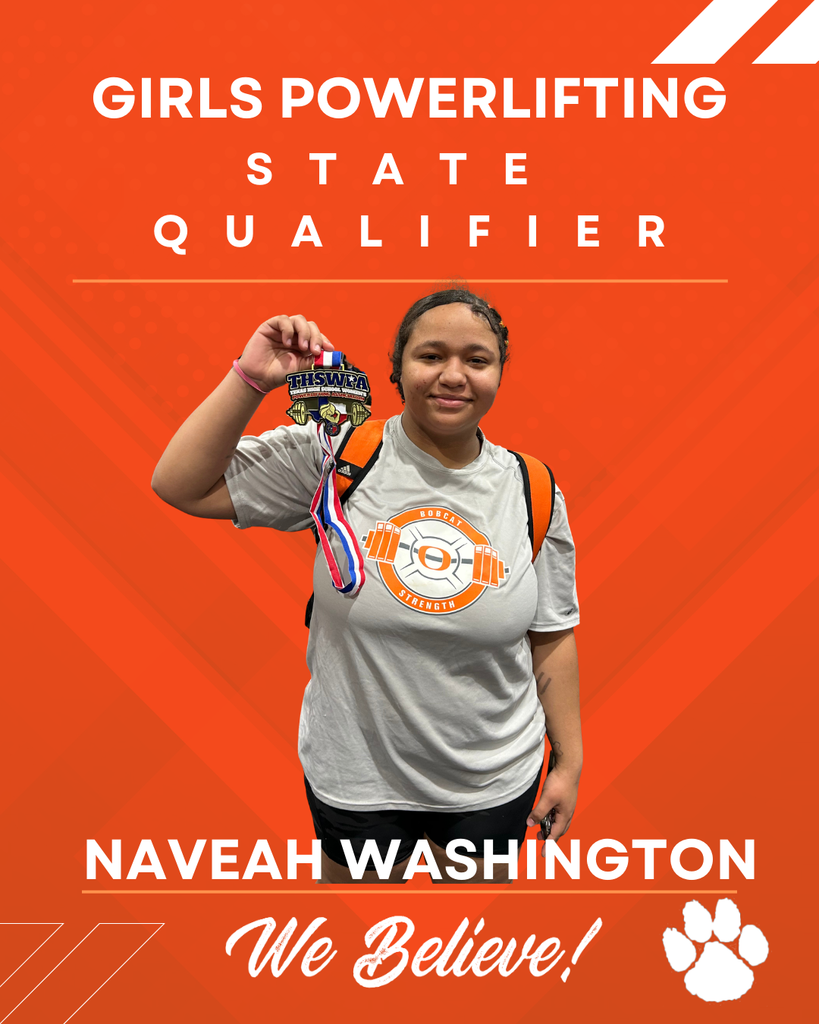 Woman in white shirt holding three medals, standing against an orange background. Words "Girls Powerlifting State Qualifier" and "Naveah Washington" are displayed.