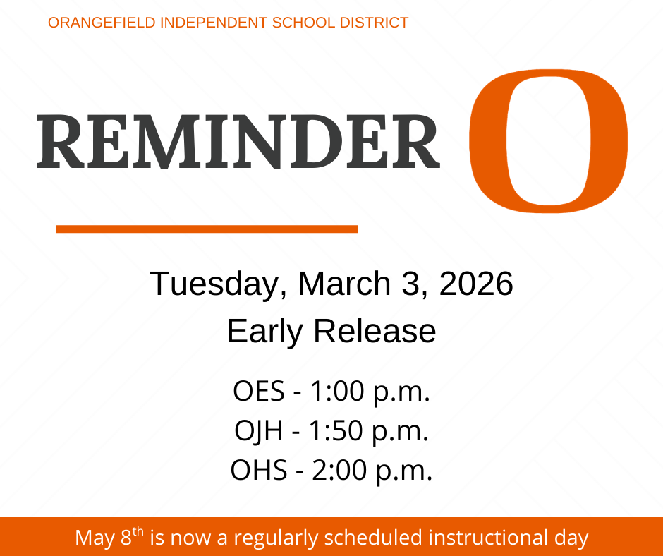 White poster with orange text, reading "REMINDER" and "O" above a line. Below, "Tuesday, March 3, 2026, Early Release" is shown.