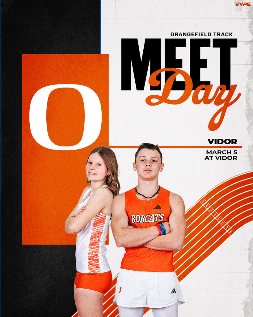 Two athletes in sports attire stand on a track. One wears white, the other orange. Text reads "Meet Day" and "Vidor."