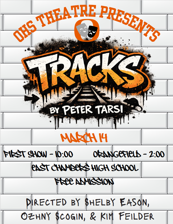 A poster features "TRACKS" in orange graffiti with train tracks. Below, it reads "BY PETER TARSI." Dates and times for shows are listed.