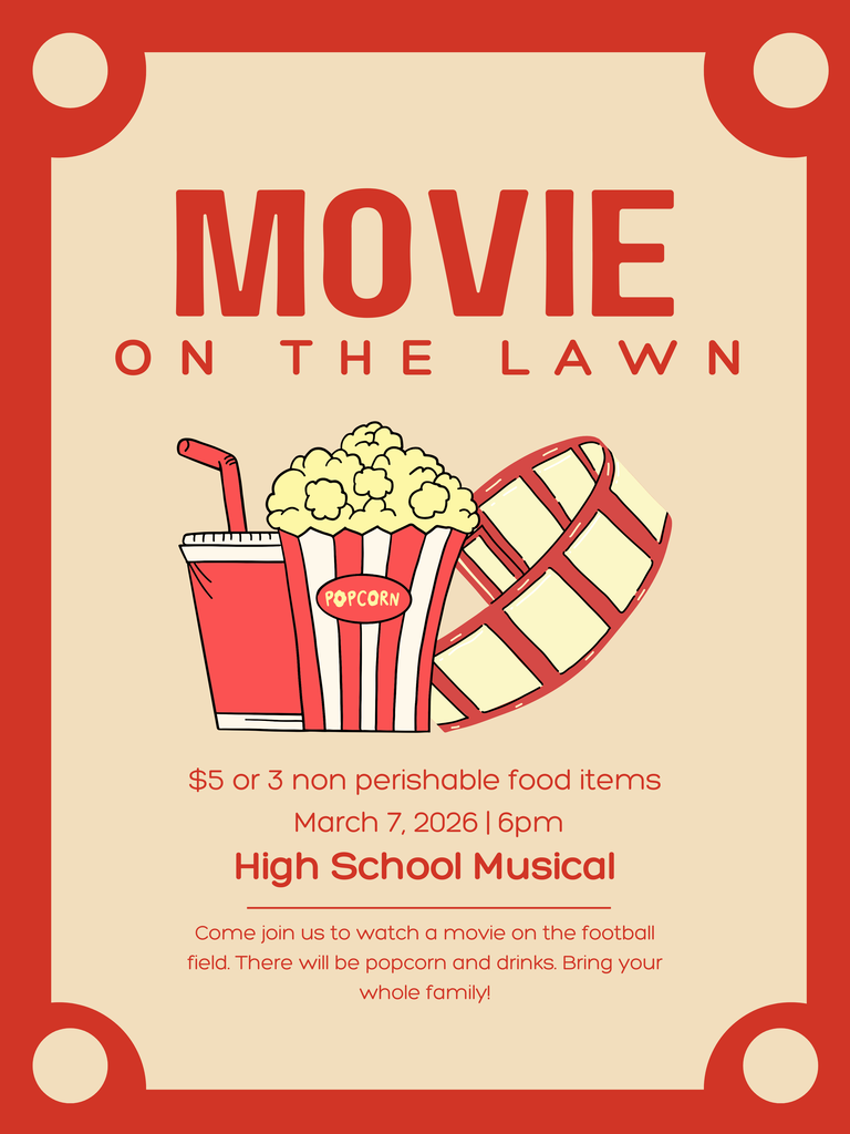 An event poster with red and white text and icons. Includes popcorn, a bucket, and a drink with a straw.