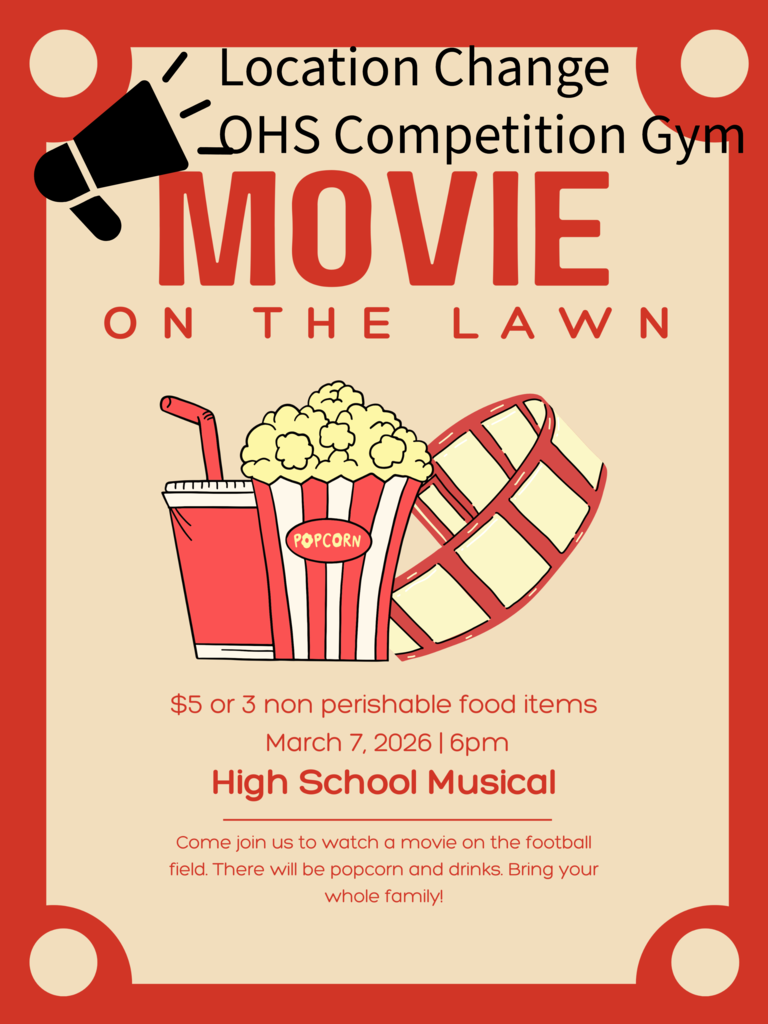 A flyer features a popcorn bucket, a movie reel, and a megaphone. Text reads "Movie on the Lawn."
