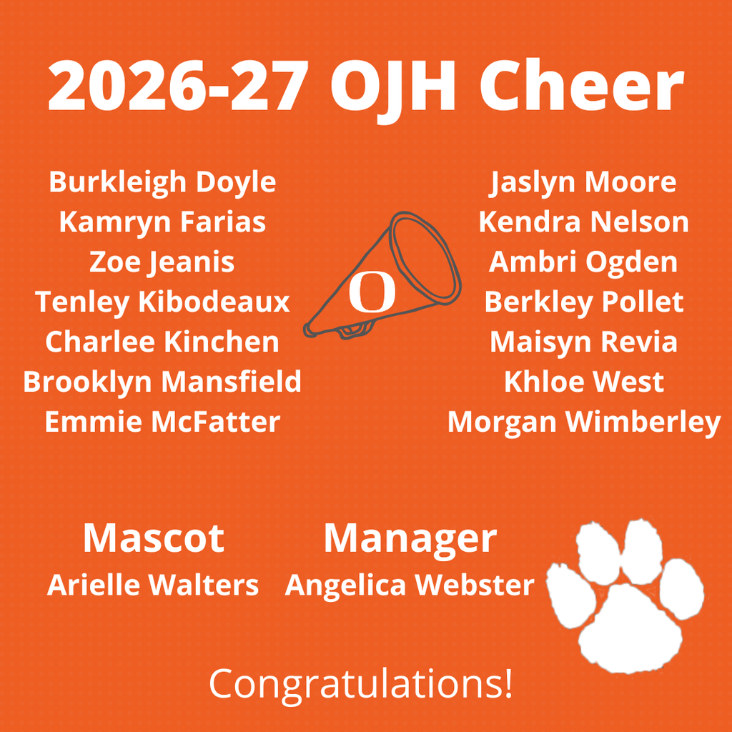 An orange poster lists names and roles for the 2026-27 OJH Cheer team, featuring a paw print.