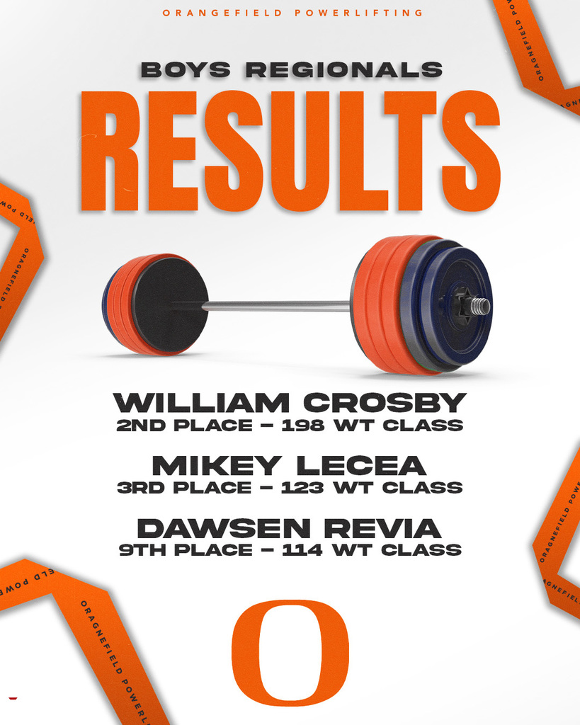 A white background with text "Boys Regionals Results" and an illustration of a barbell. Names, places, and weight classes are listed.